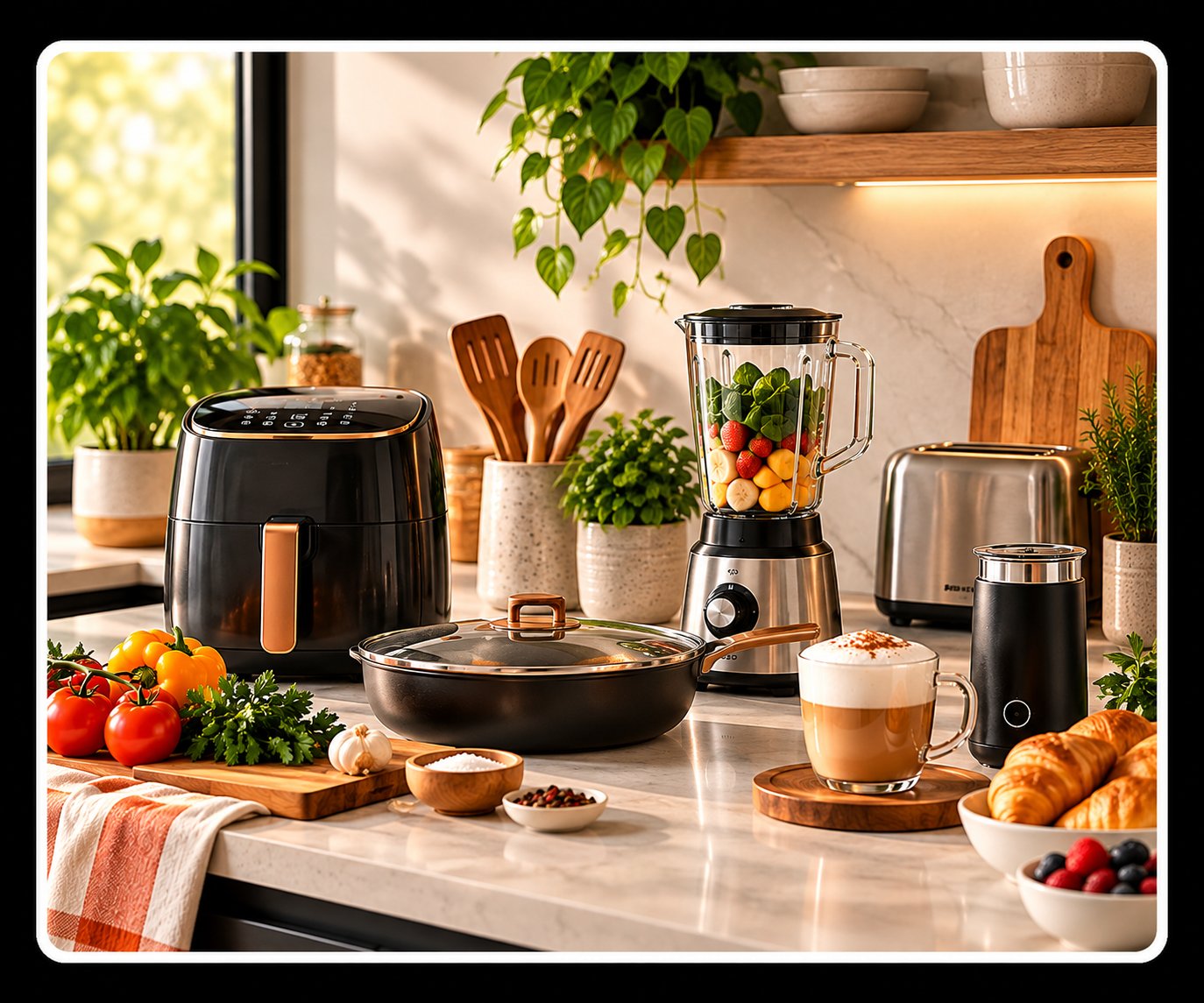 Ambiente de cocina con freidora de aire, licuadora y espumador de leche